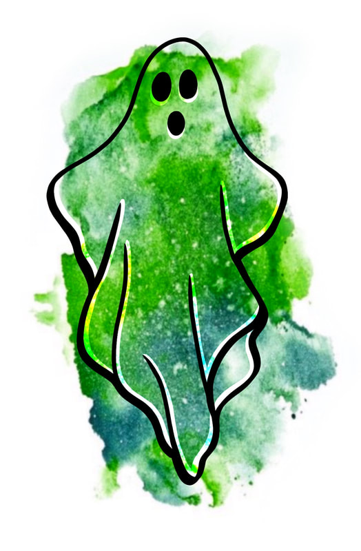 Green watercolor galaxy ghost tattoo design. Halloween tattoo flash for sale.