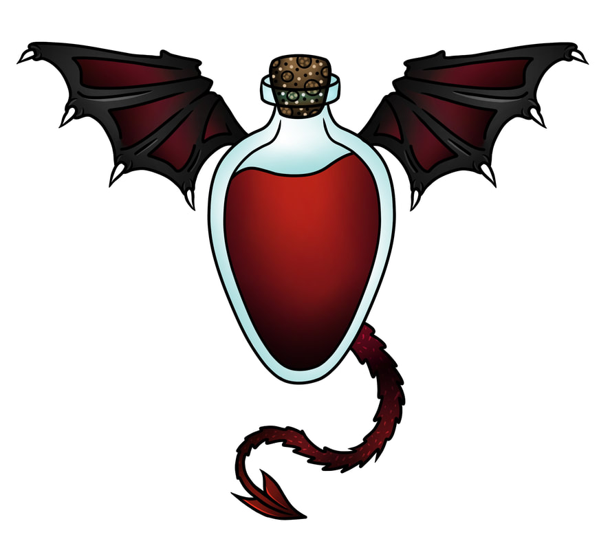 Red potion bottle with red and black demon wings and tail. Neotraditional tattoo design for sale.
