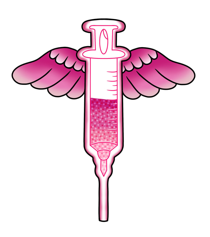 Pink kawaii syringe with angel wings. Neotraditional tattoo design for sale.