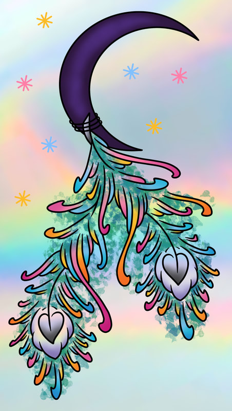 Pink, orange, blue, and teal peacock feathers wrapped around a crescent moon.