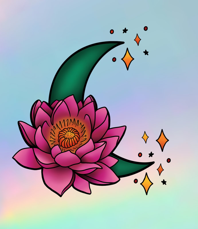 Green crescent moon with pink waterlily and sparkles. Neotraditional tattoo design for sale.