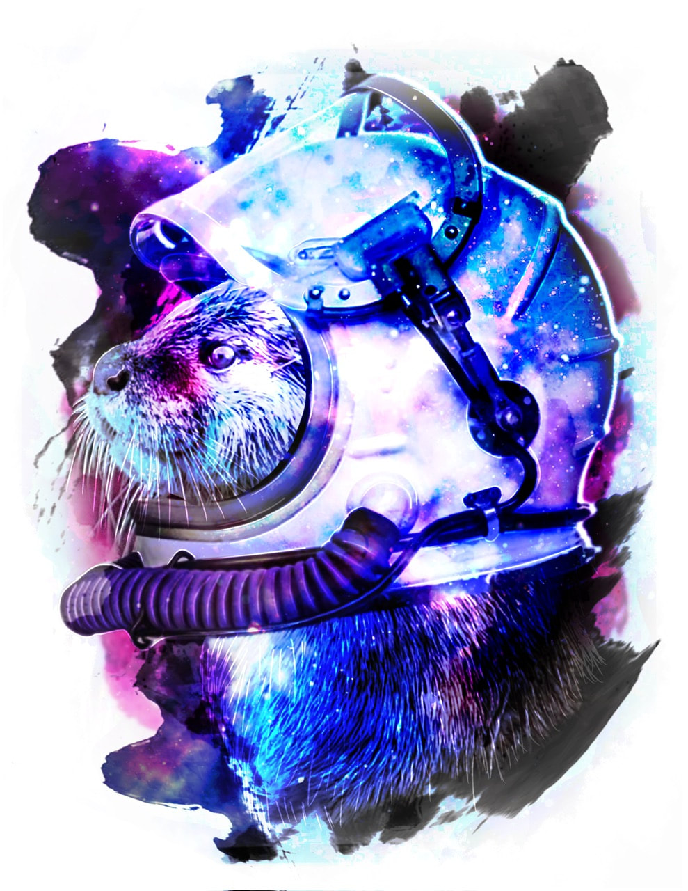 Otter wearing an astronaut helmet in purple, blue, and black space. Galaxy tattoo design for sale.