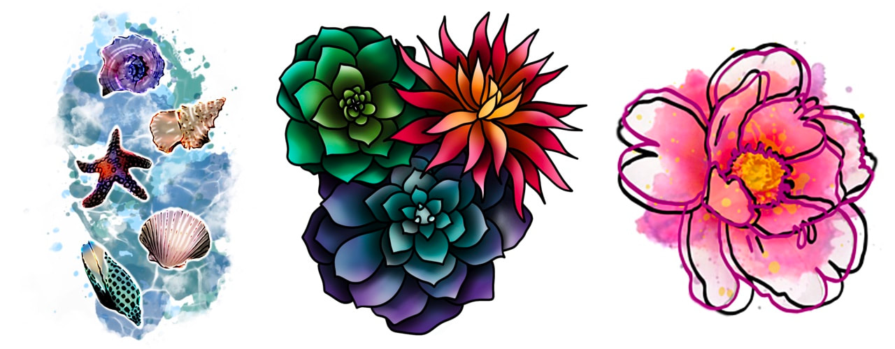 Tattoo designs based on nature in a variety of styles.