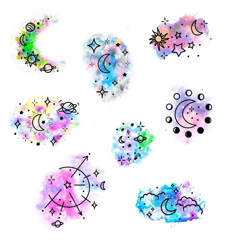 Rainbow Watercolor constellation and celestial tattoo designs for sale.