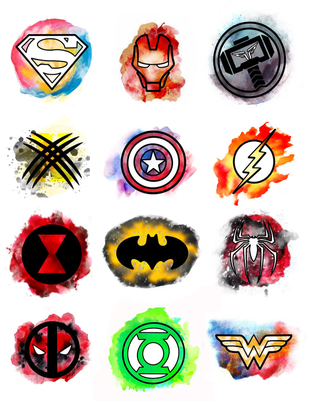 Watercolor Marvel and DC superhero emblems. Tattoo flash for sale.