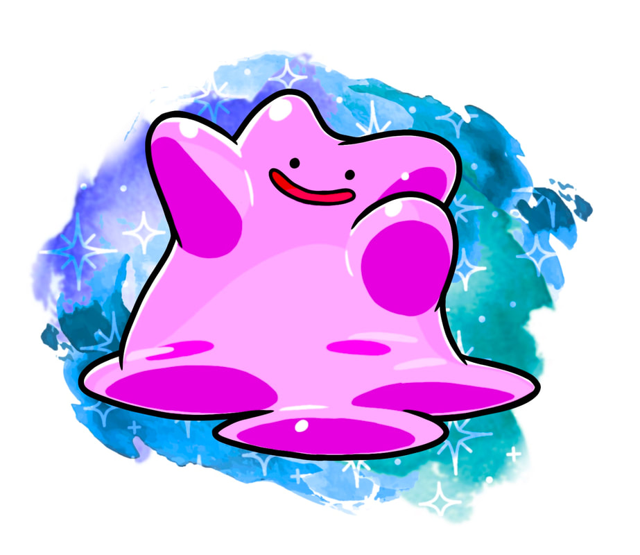 Ditto Pokémon with blue watercolor.