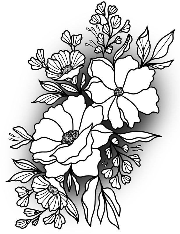 Flower outline with black shading.