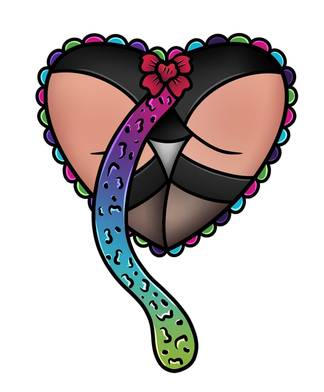 Pink, green, and blue booty heart with neon cheetah tail butt plug.
