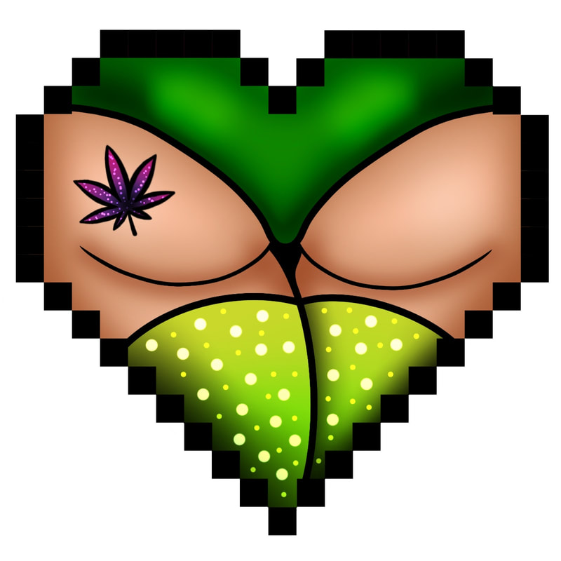 Green booty heart with a purple weed tattoo on the butt. Neotraditional tattoo design for sale.