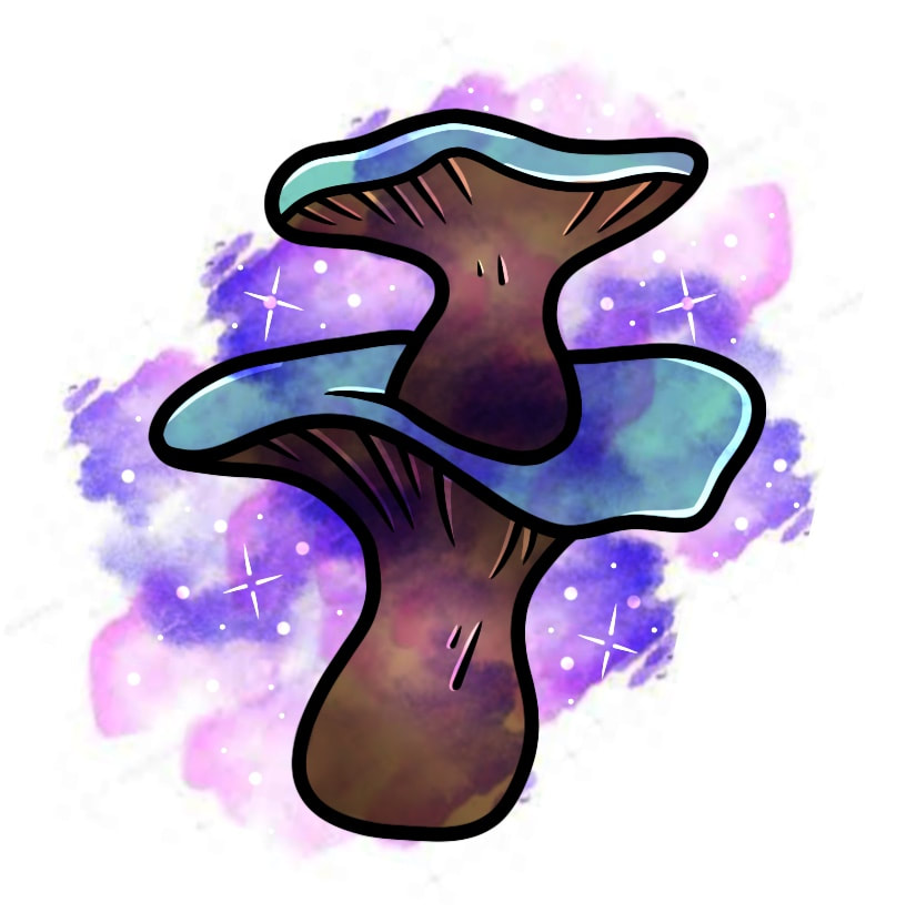 Blue and purple magic mushrooms watercolor tattoo.