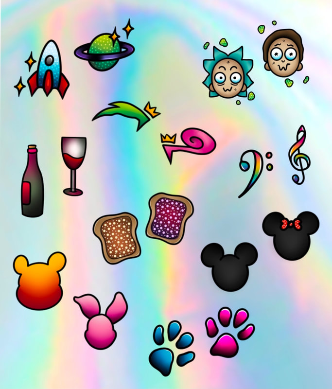 Rick and Morty, Cosmo and Wanda, Mickey and Minnie, Blue and Magenta, Winnie the Pooh and Piglet, Wine and Bottle, Peanut Butter and Jelly, Rocket and Space, and Treble Clef and Bass Clef matching tattoos.