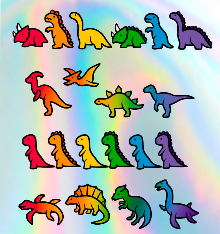 Rainbow dinosaurs in a line. Tattoo flash for sale.