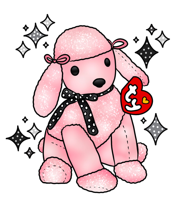 Pink, black, and white, polka dot poodle beanie baby tattoo design for sale,