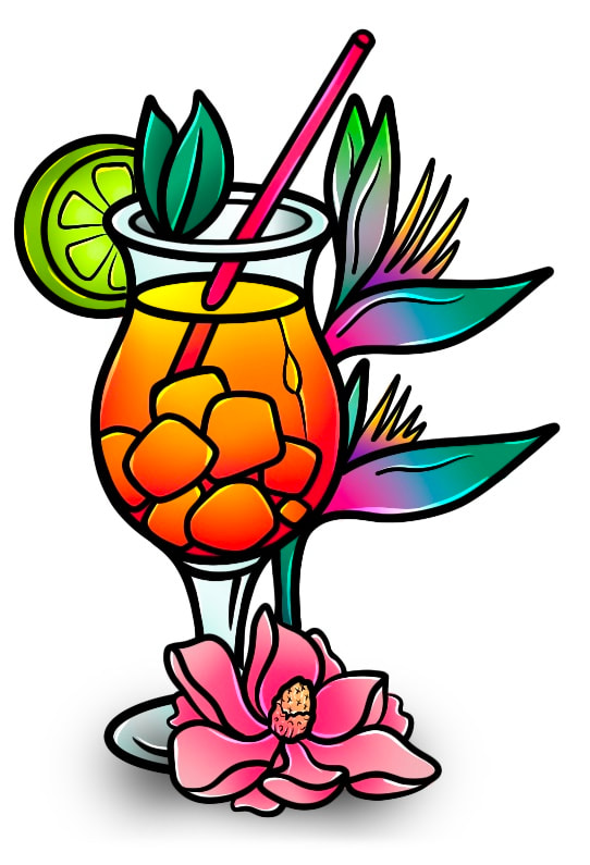 Yellow and orange daiquiri with birds of paradise flowers and lime garnish.