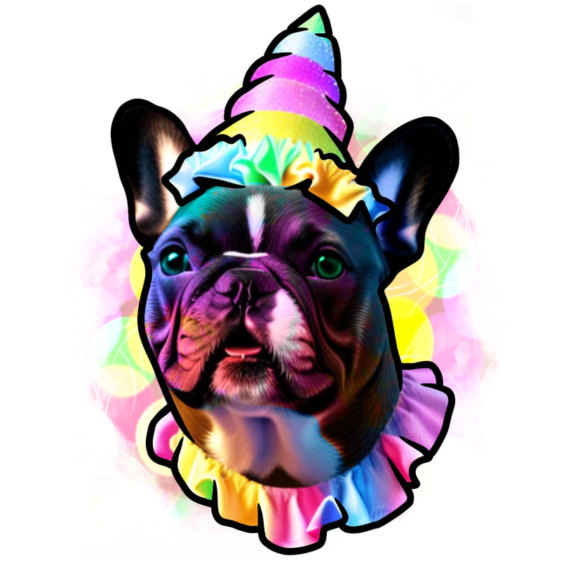 French bulldog in a pastel rainbow party hat and ruffle collar.