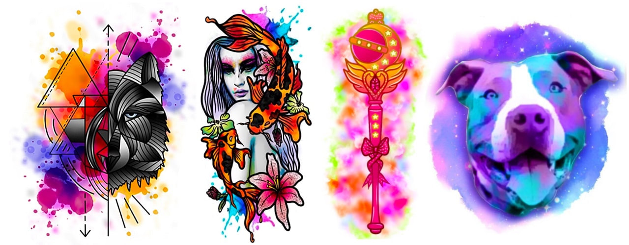 Watercolor tattoo design examples.