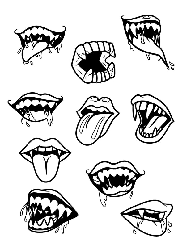 Mouths, lips, tongues, drool, fangs, and teeth flash.