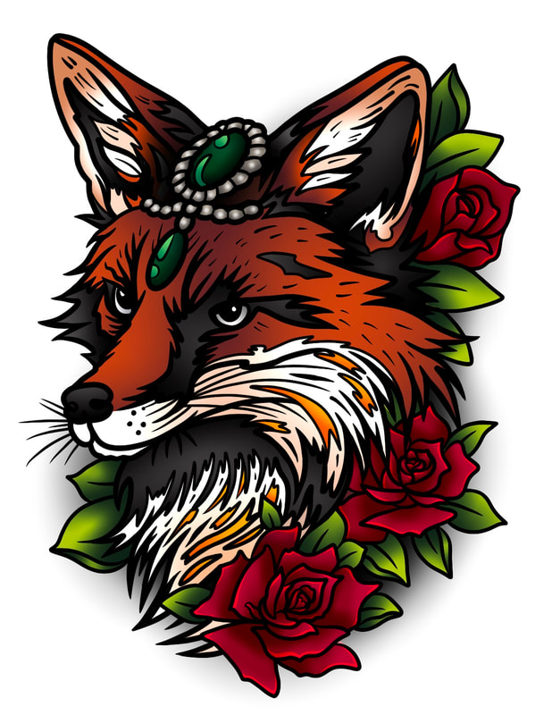 Neo traditional fox wearing jewel in roses.