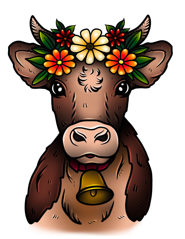 Flower crown neo traditional cow tattoo for sale.