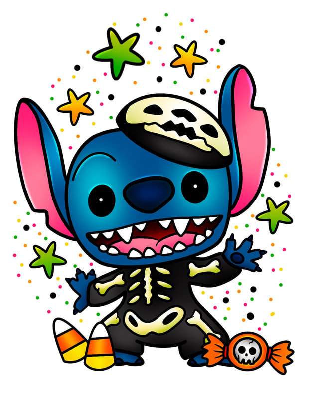 Stitch wearing a skeleton outfit with candy. Disney tattoo for sale.