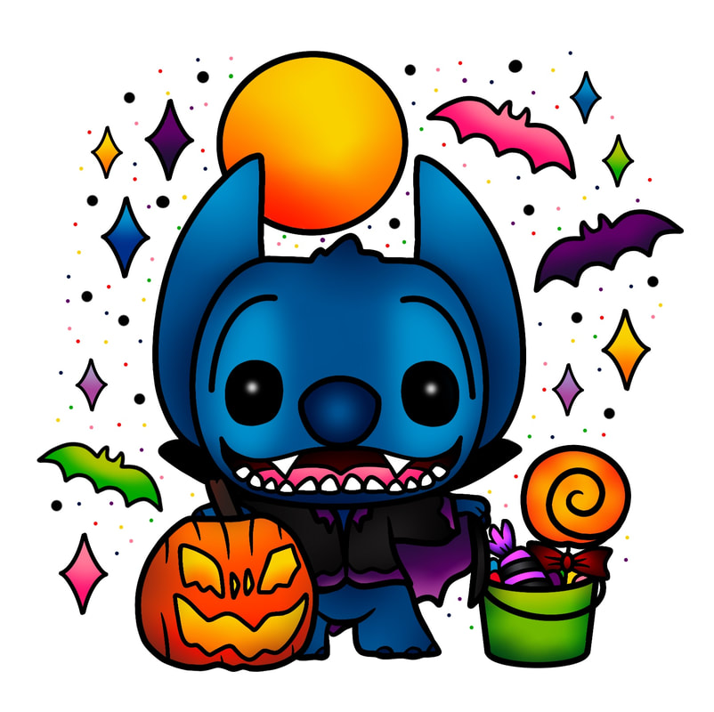 Stitch dressed up like a vampire with candy for Halloween. Disney tattoo for sale.