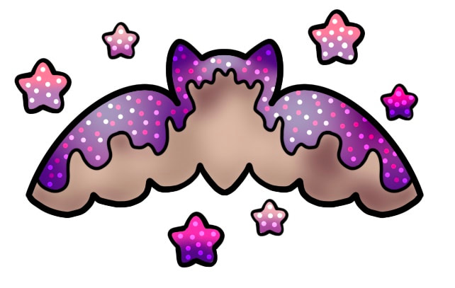 Pink and purple bat shaped Neotraditional cookie.