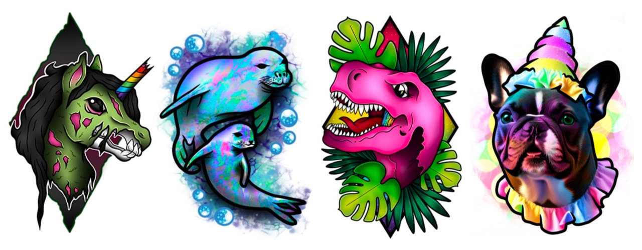 Tattoo designs based on animals in a variety of styles.