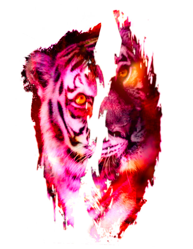 Pink, yellow, and orange fire tiger realism tattoo design.