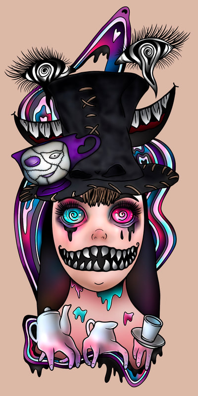 Creepy dark trippy pink, purple, and blue mad hatter tattoo design.