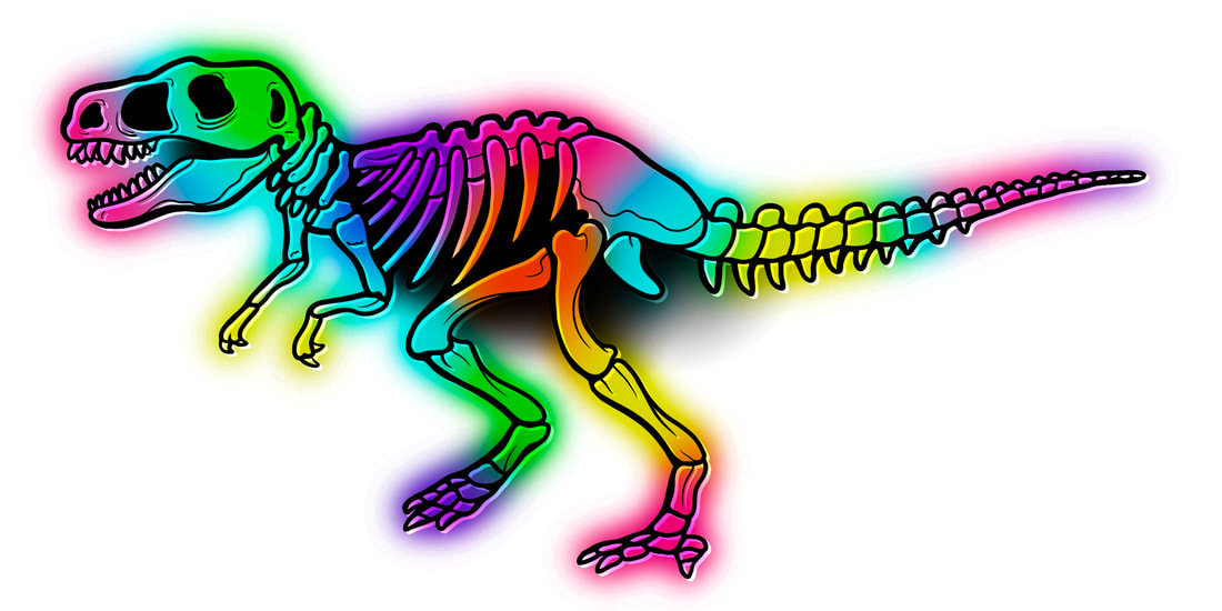 Rainbow neon watercolor t-Rex dinosaur skeleton.
