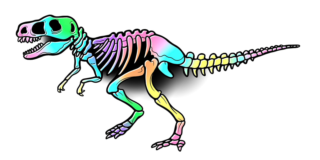 Pastel rainbow t-Rex skeleton.