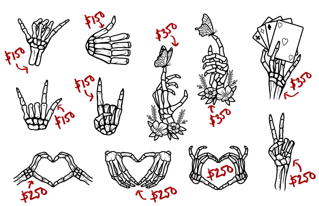 Skeleton hands doing different hand signs. Tattoo flash for sale.