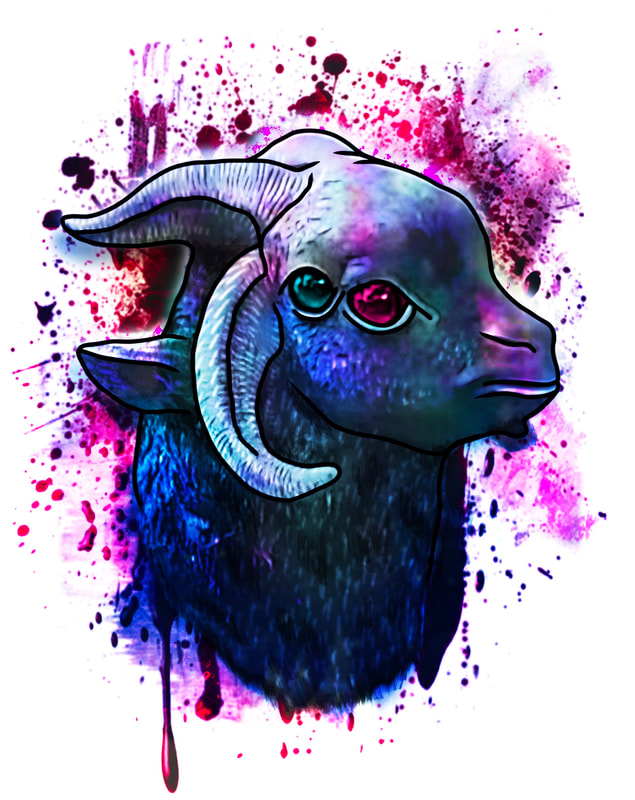 Goat head with 4 eyes, two sets of horns. Lisa Frank demon goat tattoo design.