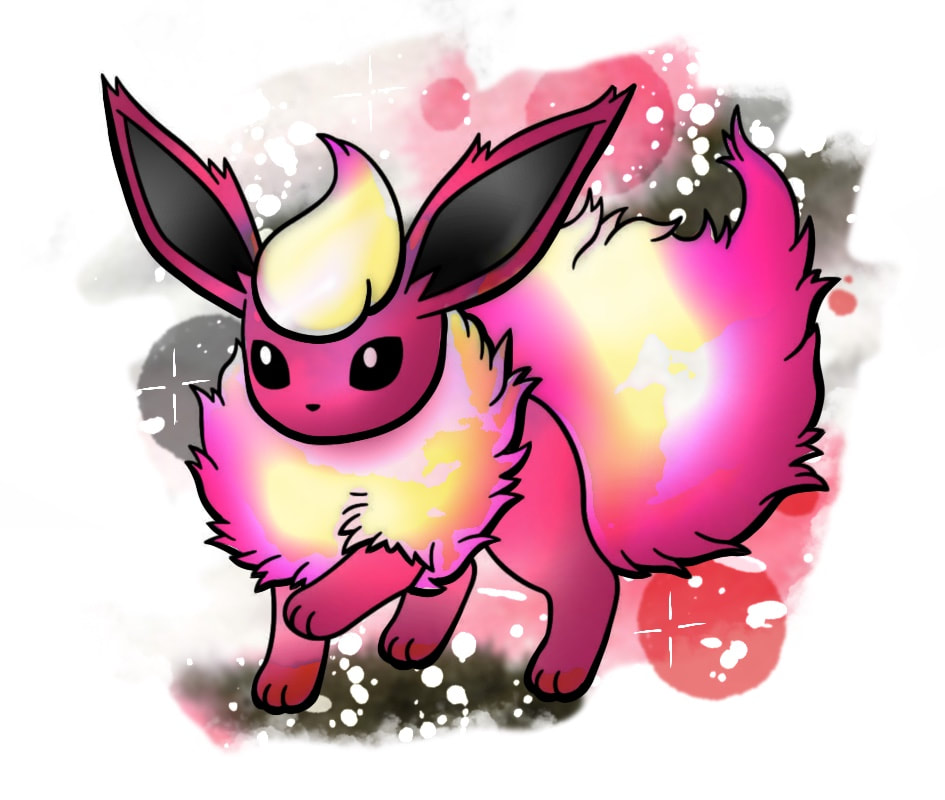 Pink watercolor flareon Pokémon tattoo design.