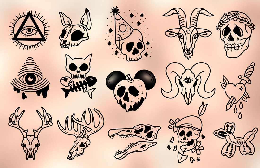 Black linework tattoo designs for flash Fridays: Friday the 13th and Black Friday.