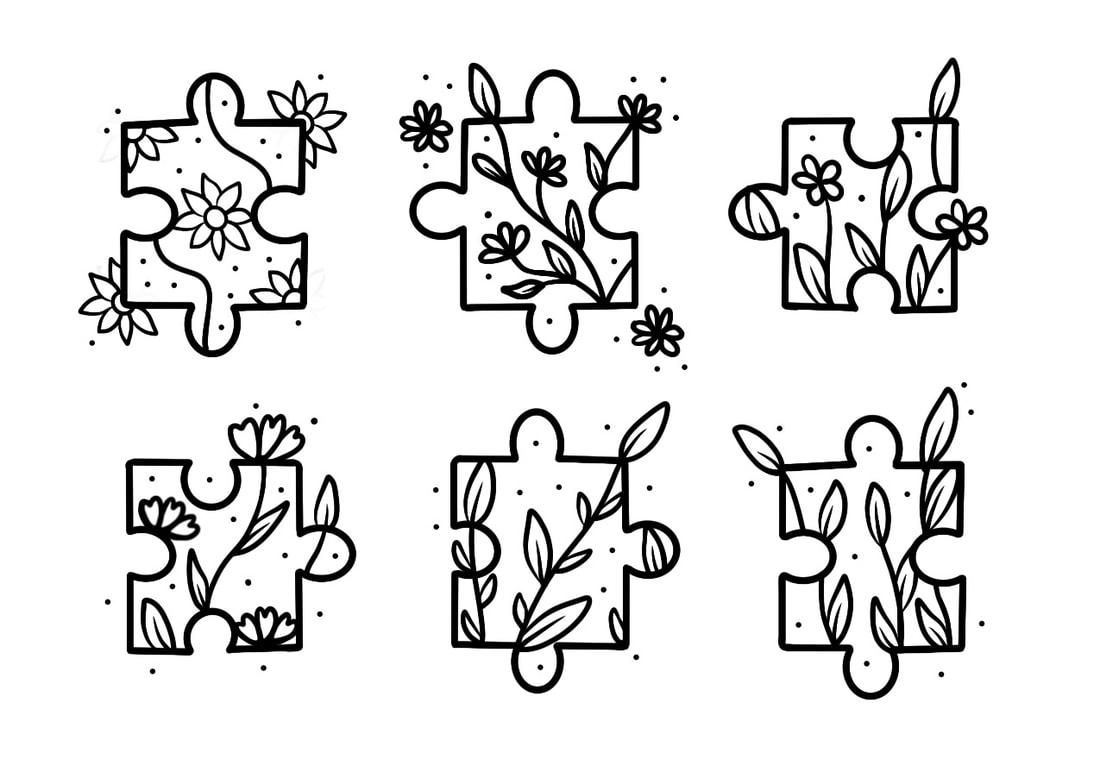 Puzzle piece designs with flowers and leaves.