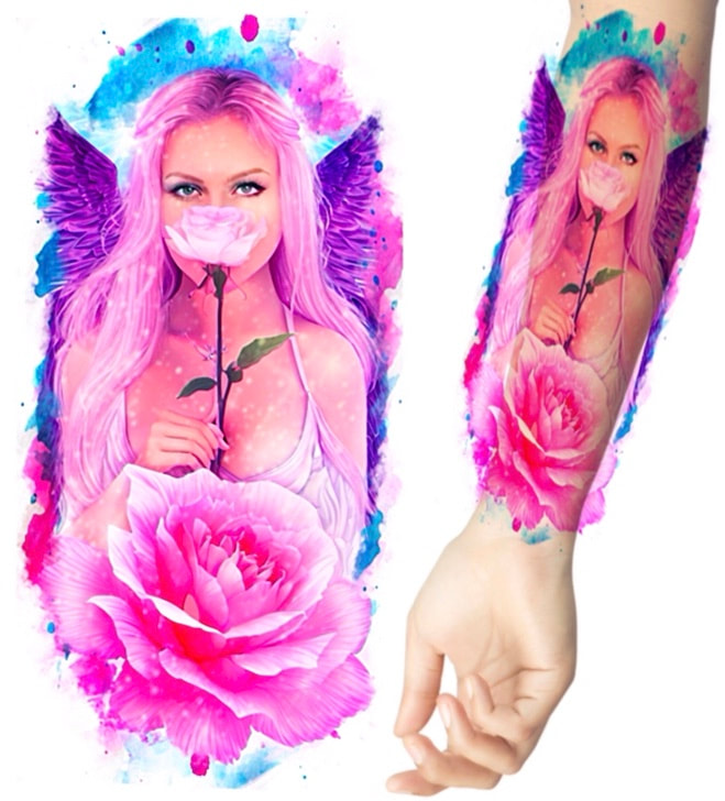 Pink, purple, and blue angel with rose watercolor portrait tattoo.