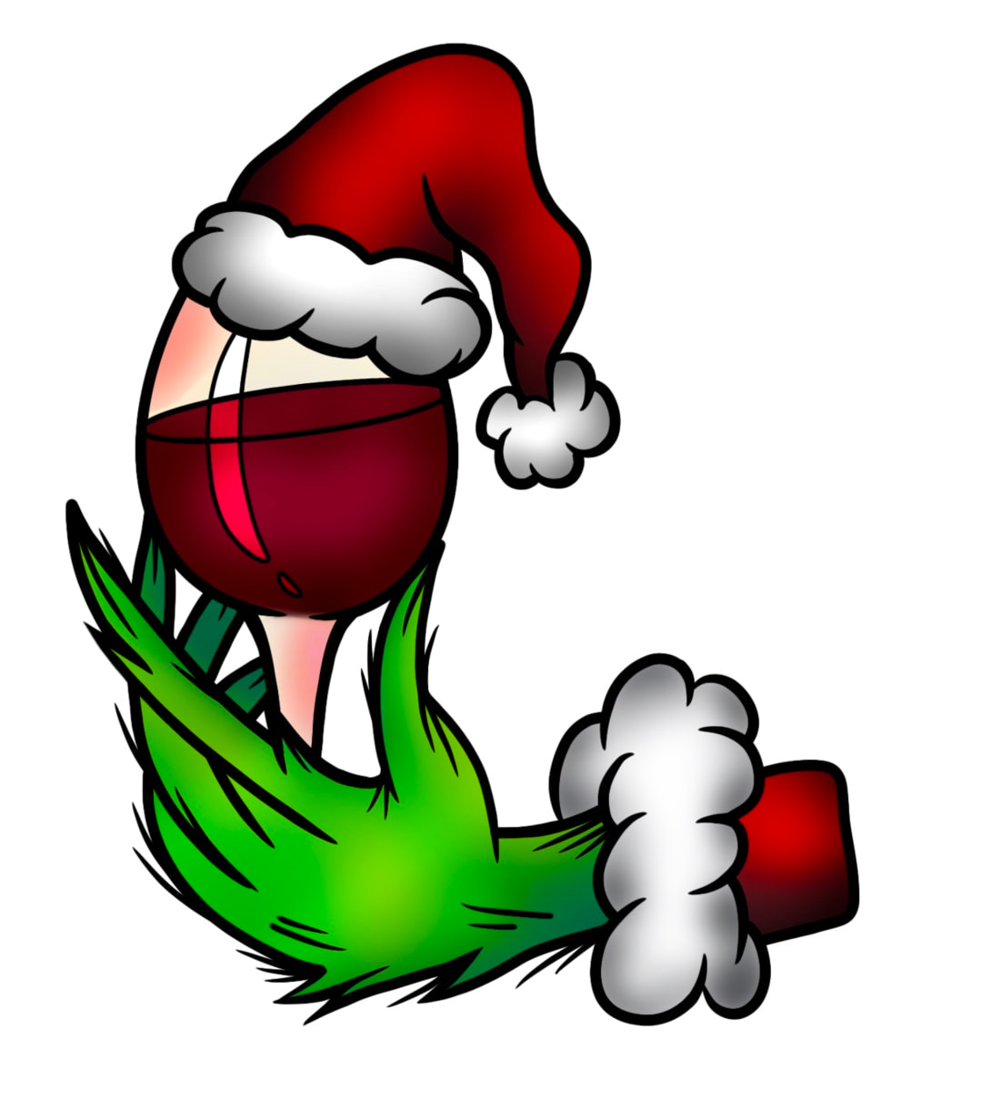 Grinch hand holding a wine glass with a Santa hat.