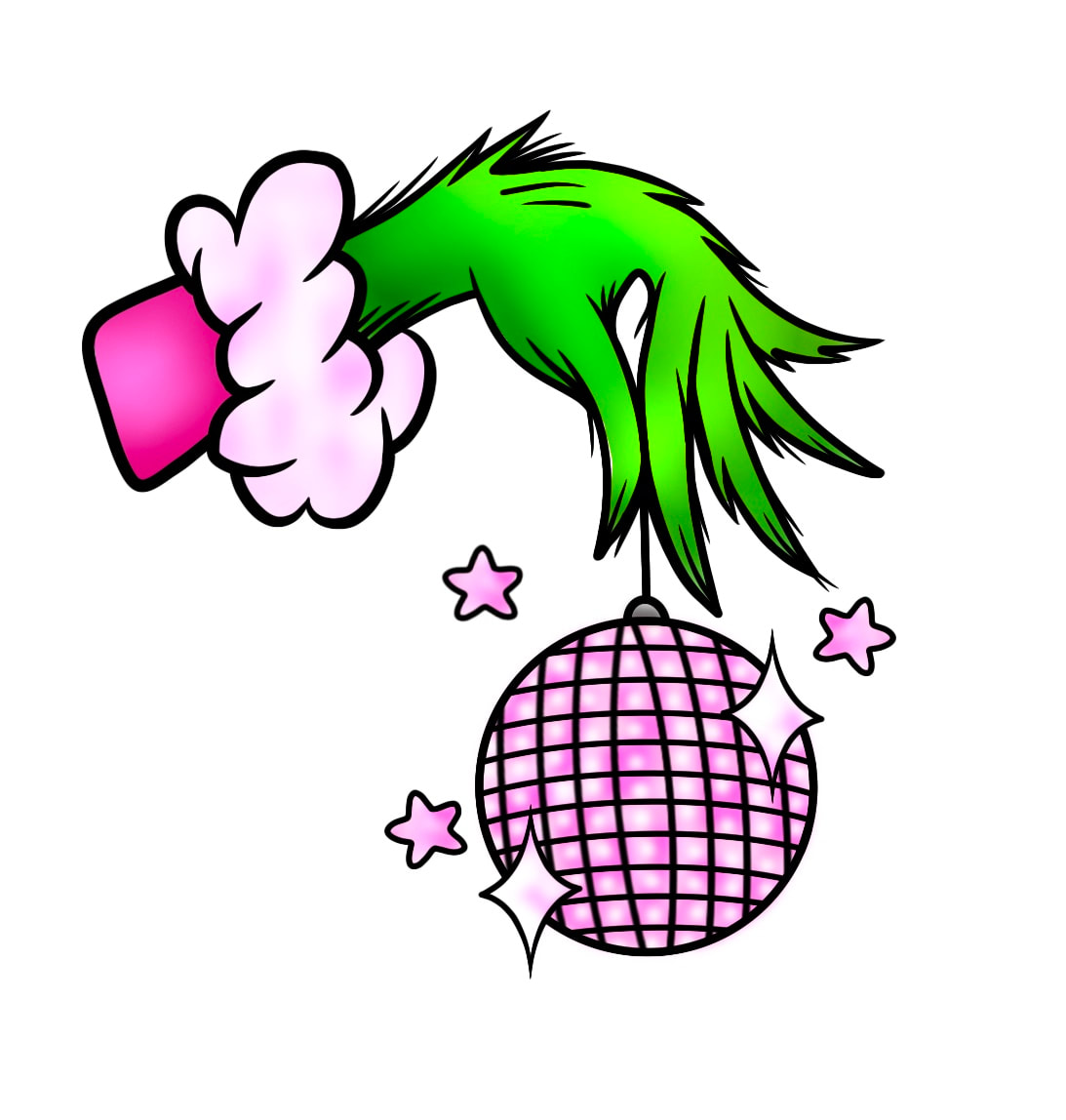 Grinch hand holding a pink disco ball.