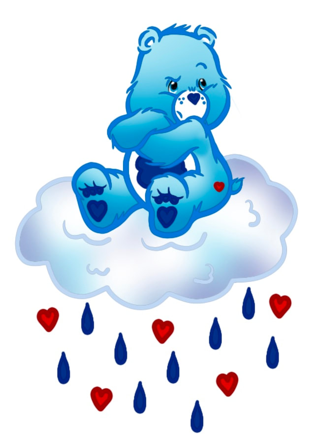 Grumpy Bear, Care Bear, on a cloud raining rain drops and hearts.