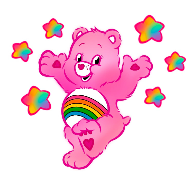 Cheer Bear, Care Bear, with rainbow stars.