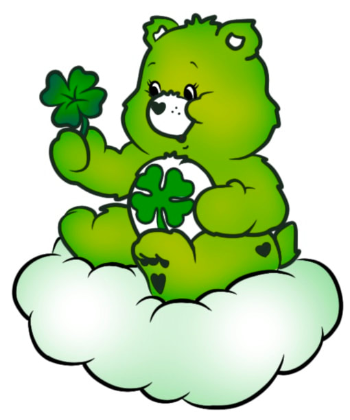 Green Lucky Care Bear holding a four leaf clover on a cloud.