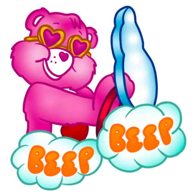 Pink Care Bear driving cloud car with “beep, beep” bubble lettering.