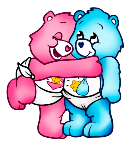 Pink and blue baby Care Bears hugging each other.