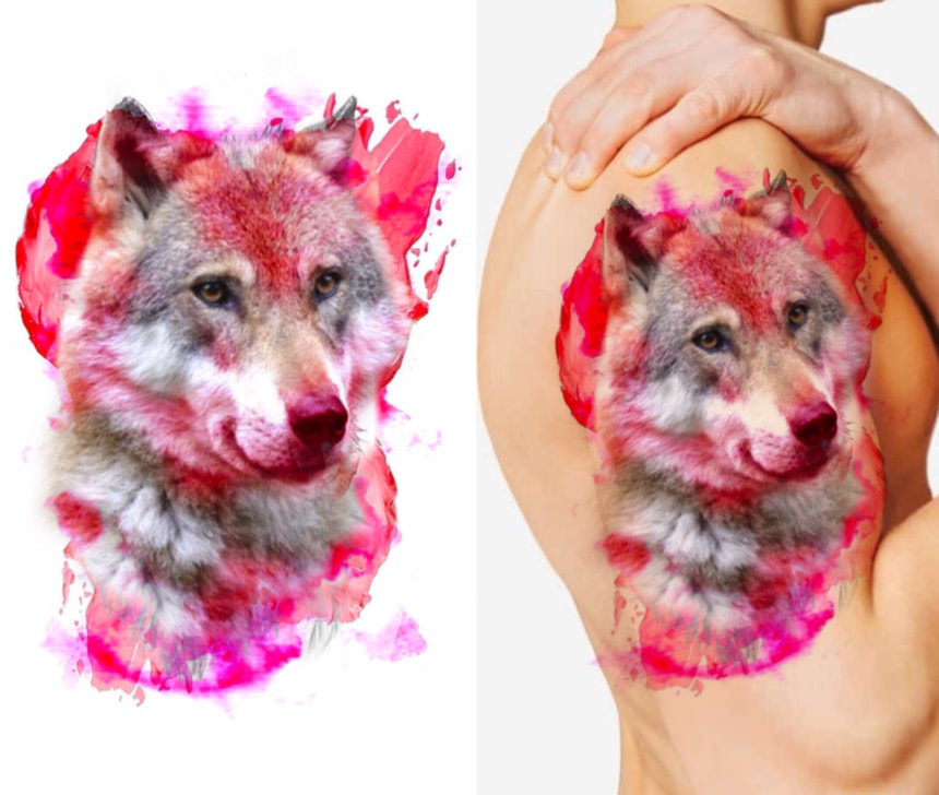 Red and pink watercolor wolf tattoo.