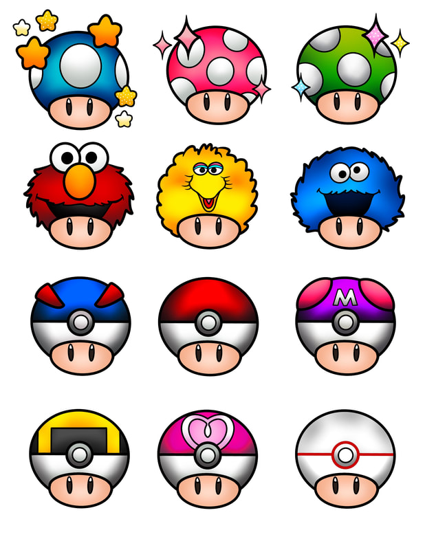 Toad heads with multiple hat variations.