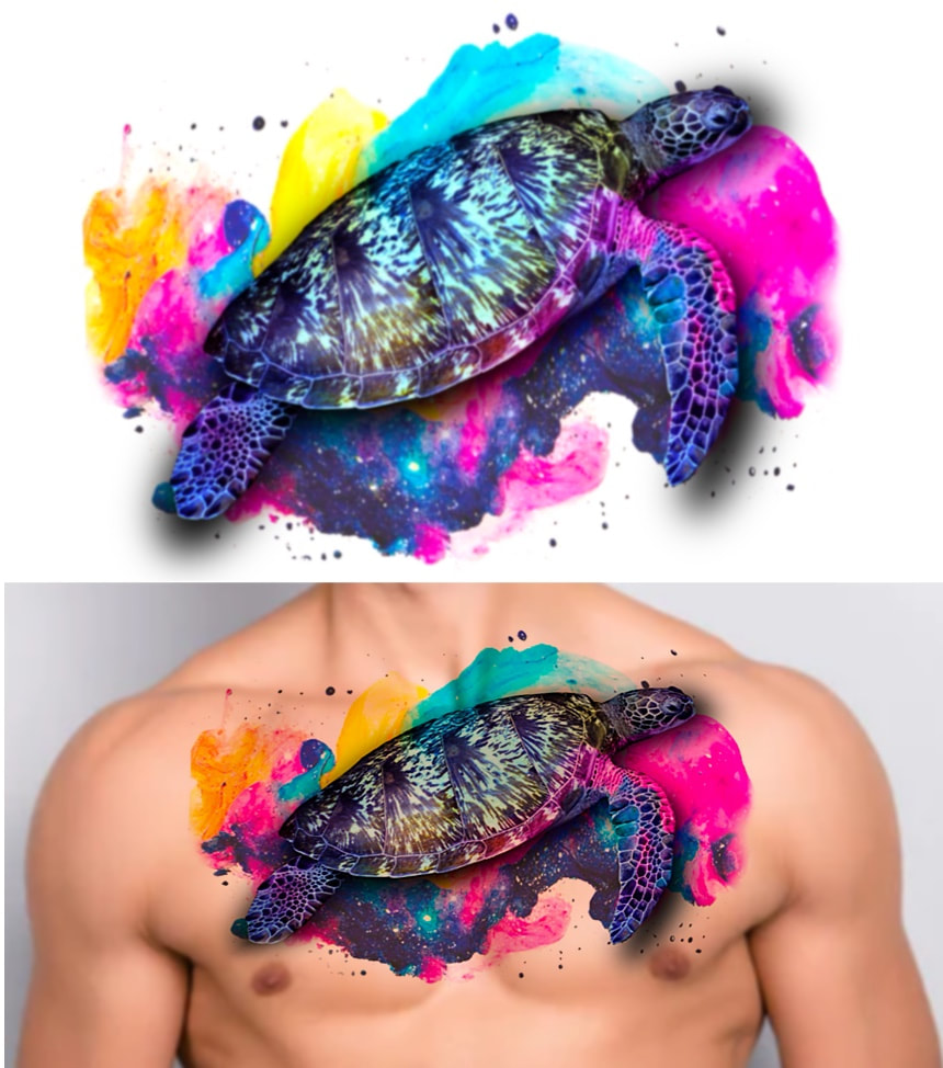 Turtle watercolor chest piece tattoo.