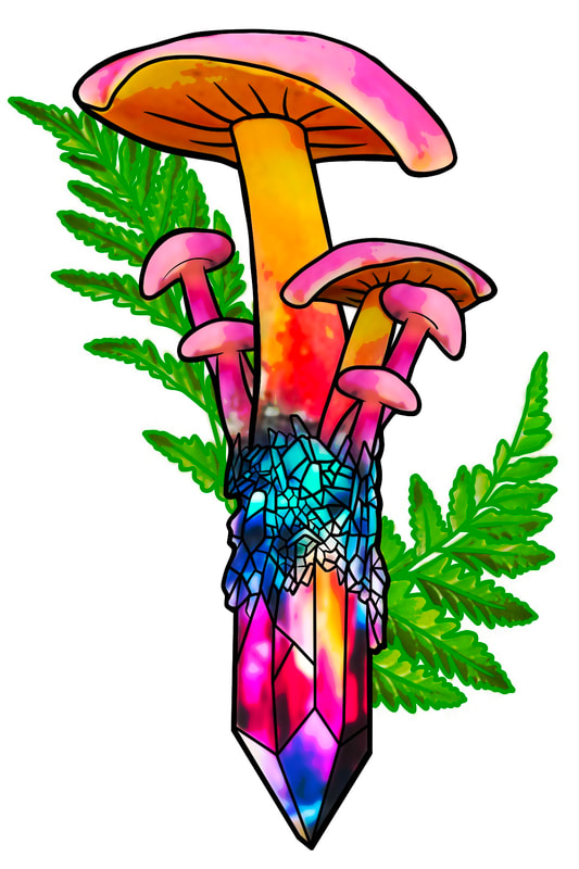 Neo trash pink and orange mushroom with crystals and ferns.