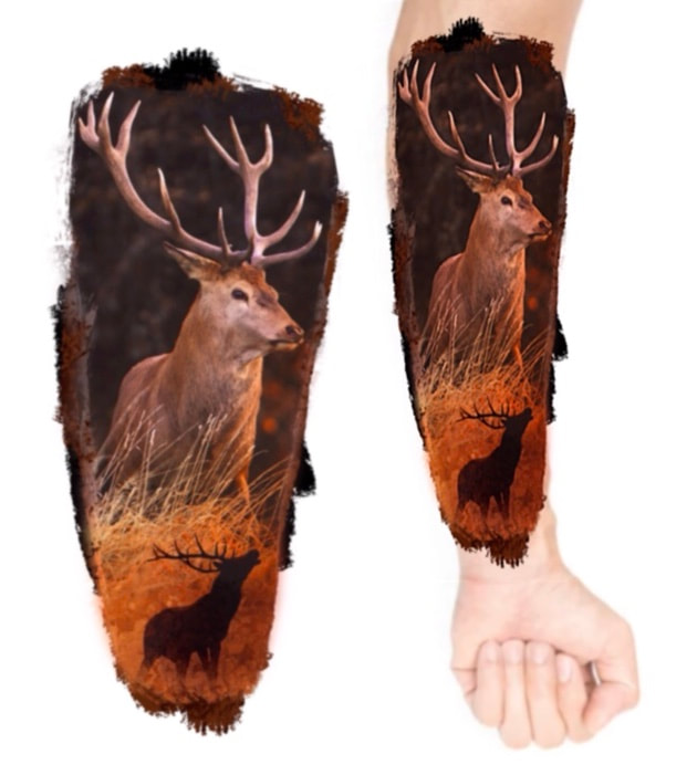 Color Realism buck deer tattoo with buck shadow in field.