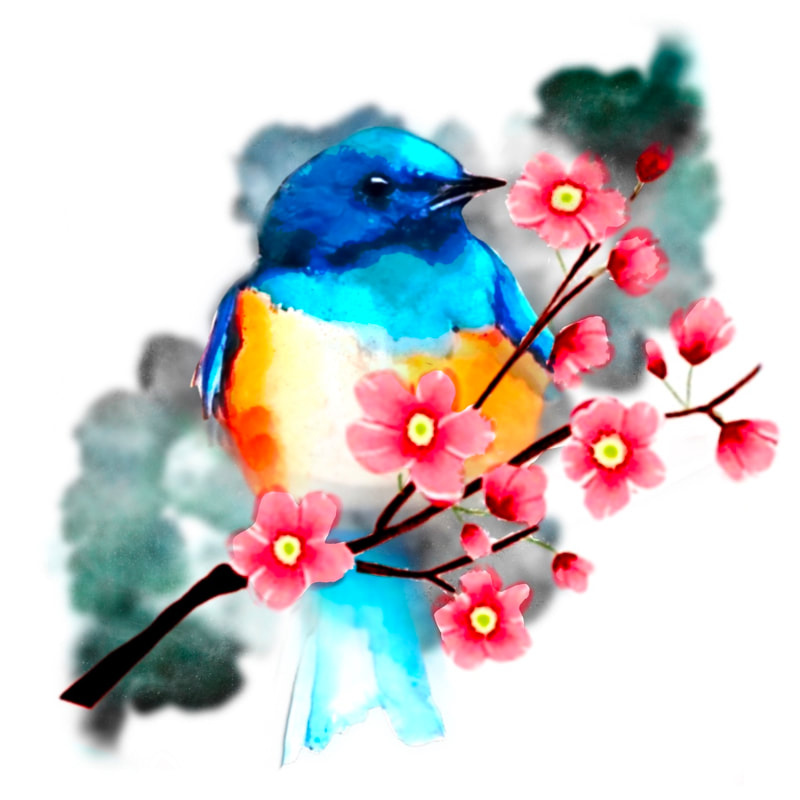 Bluebird on a cherry blossom with watercolor background.